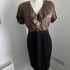 Like new. Size 14 Coast dress with black pencil skirt and olive-green silk frilled top.