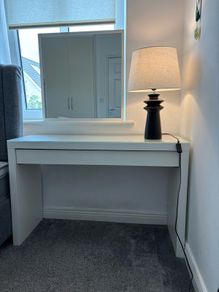 ikea desk , mirror and lamp