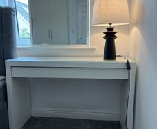 ikea desk , mirror and lamp