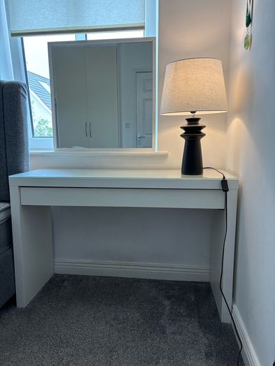 ikea desk , mirror and lamp
