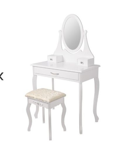 White Dressing Table with Oval Mirror Stool and 3 Drawers