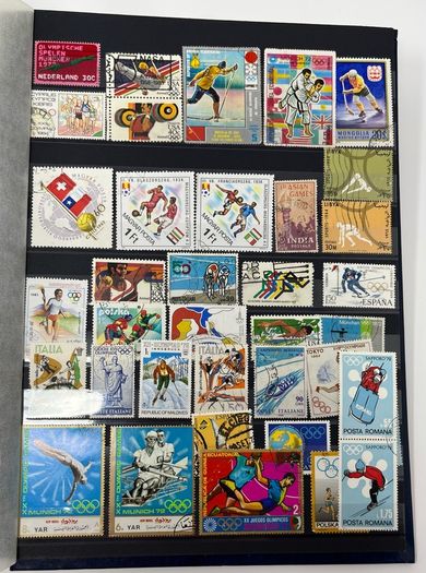 Ace Black 32 page/ 16 leaf Stamp Album with over 900 stamps. Thematic of Animals, Plants, Classic Cars, Space, Trains, Sport & Disney noted.