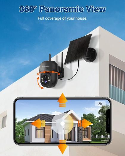 Security Cameras Wireless Outdoor, 360 PTZ Battery Powered Outdoor Camera, 2.4G WiFi Camera with Spotlight Color Night Vision, Motion Sensor Alarm, IP66-Bla