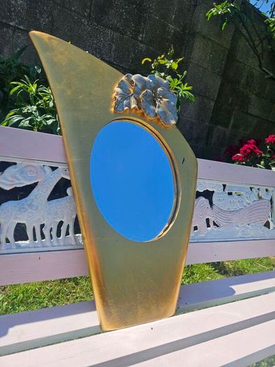 Vintage Mid-Century Modern Asymmetrical Gold Shield Wall Mirror with Floral Detail (70cm x 50cm)