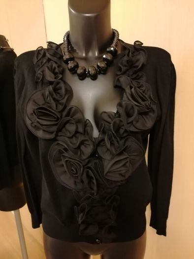 Women's Cardigan Black Organza Floral Trim