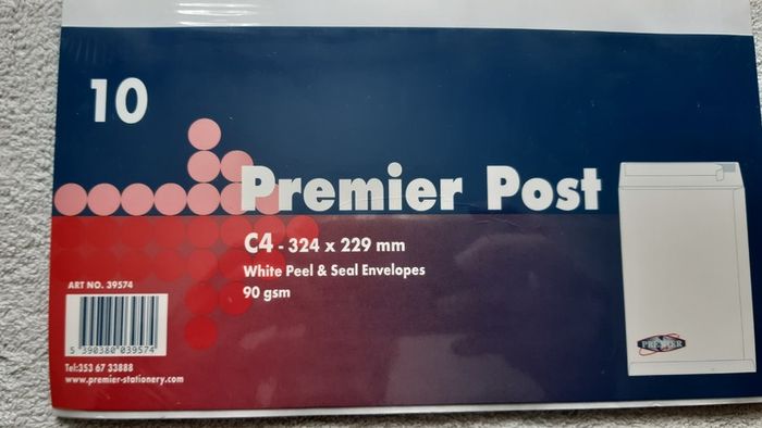Premier Post 10 C4 White Peel and Seal Envelopes (A4 Sized) Home Office School College