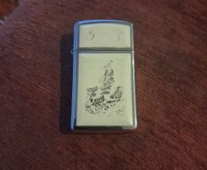 1980 Vintage Zippo Slim  Lighter Ivory Scrimshaw Whaling Ship Whale Scene In Box