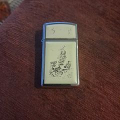 1980 Vintage Zippo Slim  Lighter Ivory Scrimshaw Whaling Ship Whale Scene In Box