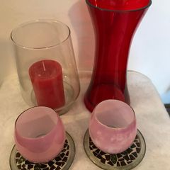 Red Glass vase+ Glass Candle holders