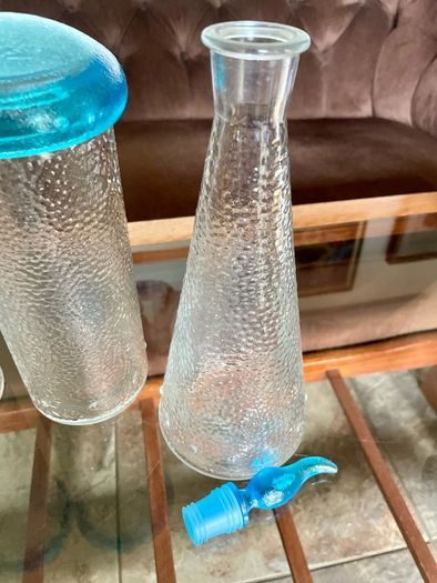 Set of Glass Genie Bottles with Turquoise Blue Flame Stoppers and Tall Containers with Mushroom Lids MCM Retro