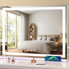 Hollywood Vanity Mirror with Lights, 58 x 48cm Light Up Make up Mirror with Smart Touch 3 Colors Dimmable, dressing table or Wall-Mounted, Memory Function,USB Charging Port