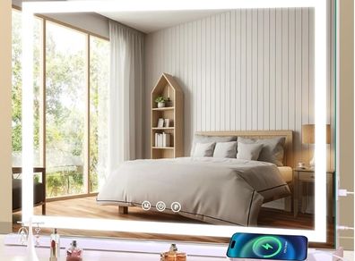 Hollywood Vanity Mirror with Lights, 58 x 48cm Light Up Make up Mirror with Smart Touch 3 Colors Dimmable, dressing table or Wall-Mounted, Memory Function,USB Charging Port