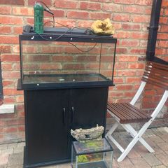 Large and small Fish tank with wooden cupboard, filter and accessories