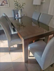 Frank McGowan Walnut Table With 6 Long Back Grey Leather Chairs. Optional Glass Top. Excellent Condition.