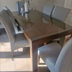 Frank McGowan Walnut Table With 6 Long Back Grey Leather Chairs. Optional Glass Top. Excellent Condition.