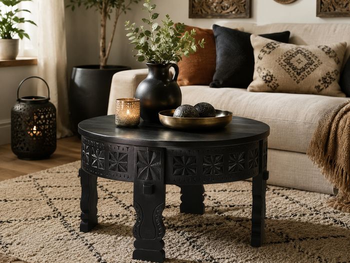 Black Solid Mango Wood Round Coffee Table 60 cm
