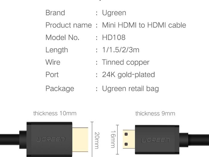 Ugreen Premium 1.5M Mini HDMI (Male) to HDMI (Male) 3D/UHD 4K@60Hz Bi-Directional Cable (Gold-Plated) (Brand New/Warranty)