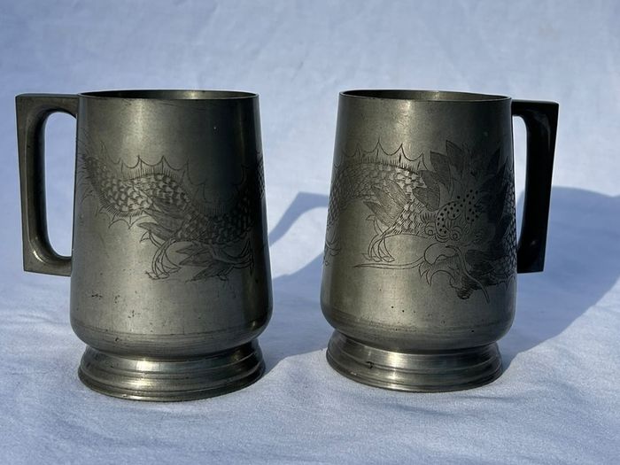 Pair Chinese Pewter Lidded Tankards - Kut Hing Swatow  - Dragon Relief