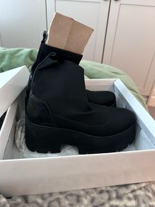 Fab black ankle boots still in box, worn once.  Stretch fabric and block heel.