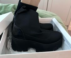 Fab black ankle boots still in box, worn once.  Stretch fabric and block heel.