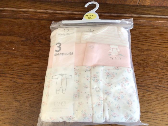 Brand New Pack of 3 baby girls Sleepsuits 18/24 months