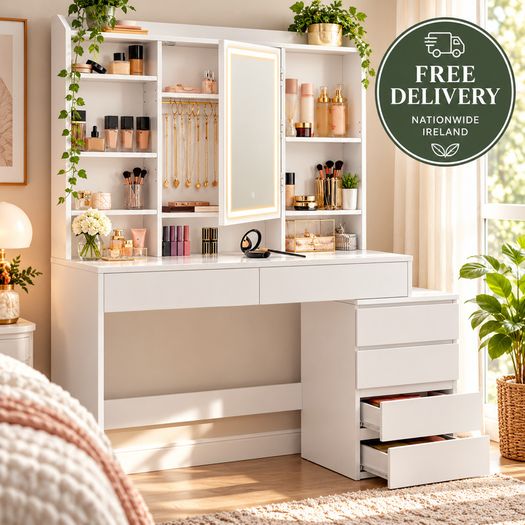 White Dressing Table with LED Mirror, Drawers and Storage Shelves
