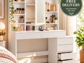 White Dressing Table with LED Mirror, Drawers and Storage Shelves