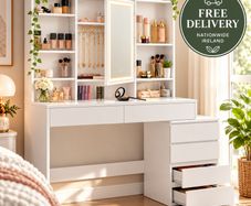 White Dressing Table with LED Mirror, Drawers and Storage Shelves