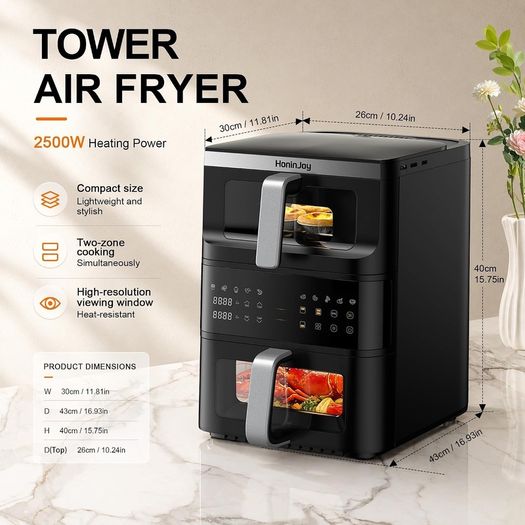 Double Stack Air Fryer, 12L, 2 Drawers With Viewing Window