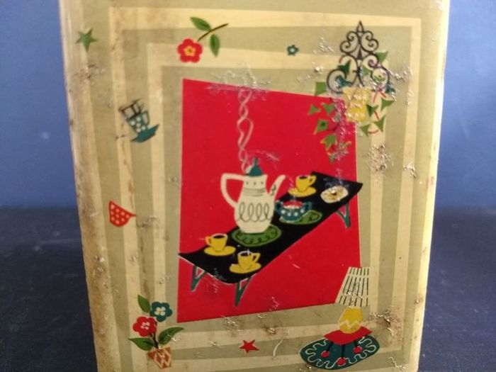Funky Atomic Mid-Century Modern 1950's Small Tin Tea Caddy, with a Funky and Rare Graphic Design - MCM/50s Display! Props for Stage and Screen!