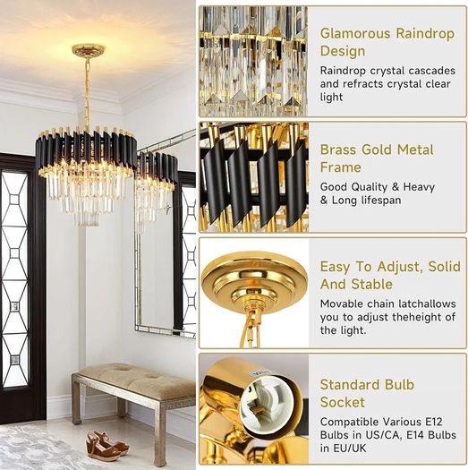 Black and Gold Crystal Chandelier Pendant Light, Small Modern Crystal Chandelier for Entryway, Corridor, Balcony, Porch, Restaurant, Door Opening, E27 x 3, ?40cm