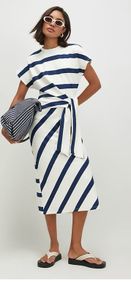 River Island Cream Premium Stripe Tie Side Midi Dress