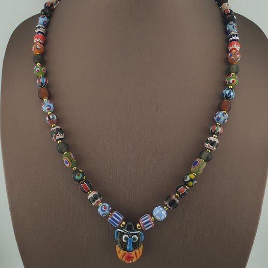 Antique Venetian Style MulitColor Mix Glass & Old Face Glass Pendant Necklace
