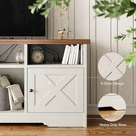 TV Unit, TV Stand Cabinet with Sockets, USB and LED, TV Cabinet Suitable for up to 65'' TV, with 4 Open Compartments and 2 Cabinets, Suitable for Living Room, 150 x 35 x 65cm, White