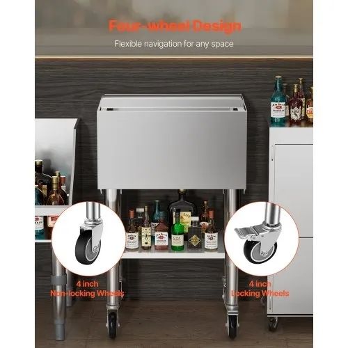 Commercial Ice Bin, 61.6 L Rolling Ice Chest on Wheels, 24 x 19.1 x 36.8 in Stainless Steel Cooler Cart with Sliding Lid, Bottom Storage Tray,