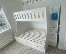 Triple kids bunk bed with built in stairs, comes with single mattress on top barely slept on