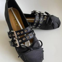 Womens Black Satin Ballerina Buckle Flats MIU MIU Style Ballet Shoes EU 38 NEW