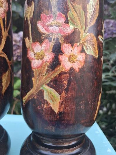 Stunning Pair Of Hand Painted Art Nouveau Hardwood  Candlesticks 12"