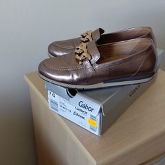 Gabor Comfort Bronze Metallic Leather Chain Loafers Size UK 7