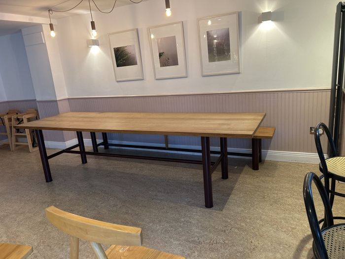Large solid oak dining table  and benches (3m)
