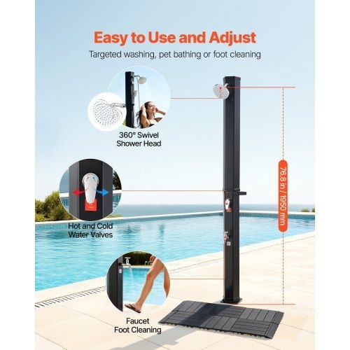 35L Solar Heated Shower, 195cm Showerhead Height Outdoor Shower, with Floor Kit & Foot Faucet, Hot & Cold Water Adjustment, Freestanding for Backyard