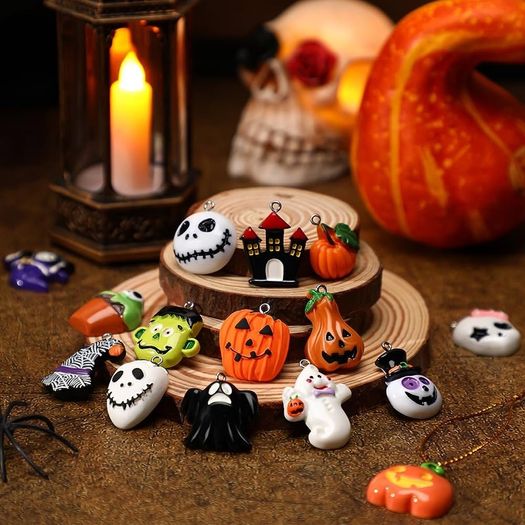 36 Pieces Mini Halloween resin charm pendant, Tiny Halloween tree decorations Mini Resin Halloween Ornaments with Golden Rope for DIY Festive Decoration Handcrafts