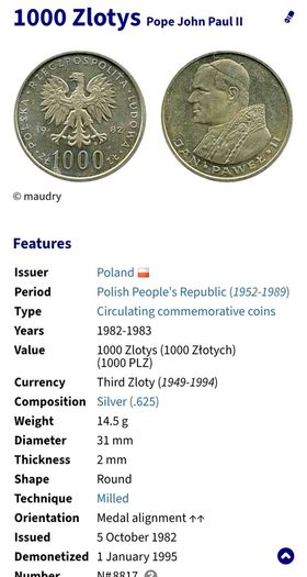 Poland 1983 Silver 1000 Zloty Coin Pope John Paul II
