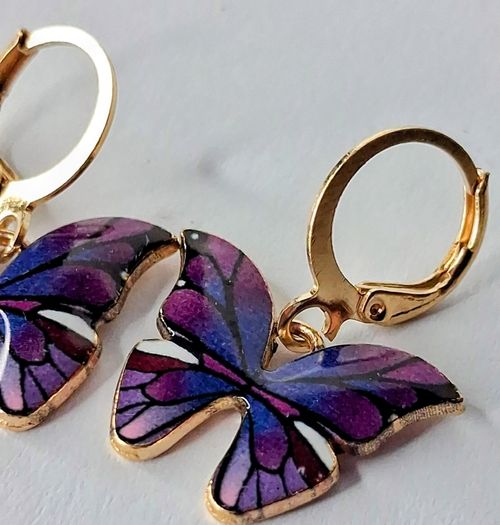 Mini Hoop Purple Butterfly Drop Earrings