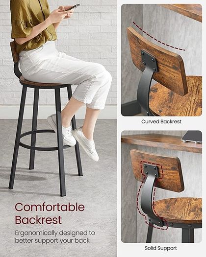Bar Stools, Kitchen Stools, Set of 2 Tall Bar Chairs with Backrest, Steel Frame, 73 cm High Seat, Easy Assembly, Industrial, Rustic Brown and Black (FREE POSTAGE)