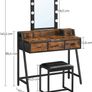 _Dressing Table Dressing Table Vanity Table with Stool 10 LED Bulbs Adjustable Brightness Mirror Bedroom Dressing Room Industrial Design Vintage Brown-Black Image 4