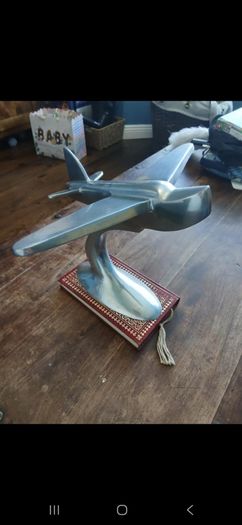 Art Deco style polished vintage aluminum airplane desk model,