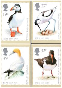 1989 England 100th Anniversary of Royal Society for the Protection of Birds (RSPB) Royal Mail PHQ Postcards. Card show enlargement of stamps of Puffin, Avocet, Oystercatcher & Gannet.