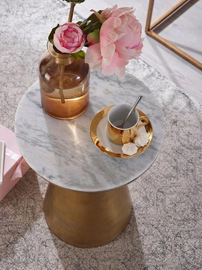 Marble Side Table with Real White Marble Top and Gold Aluminium Base 35 cm