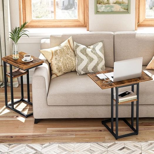 C Shaped Side Table, Foldable Sofa Table, Small Table Bedside Tables, Laptop Table for Sofa, Folding Side Table Small Coffee Tables for Living Room, Bedroom, Rustic Brown and Black